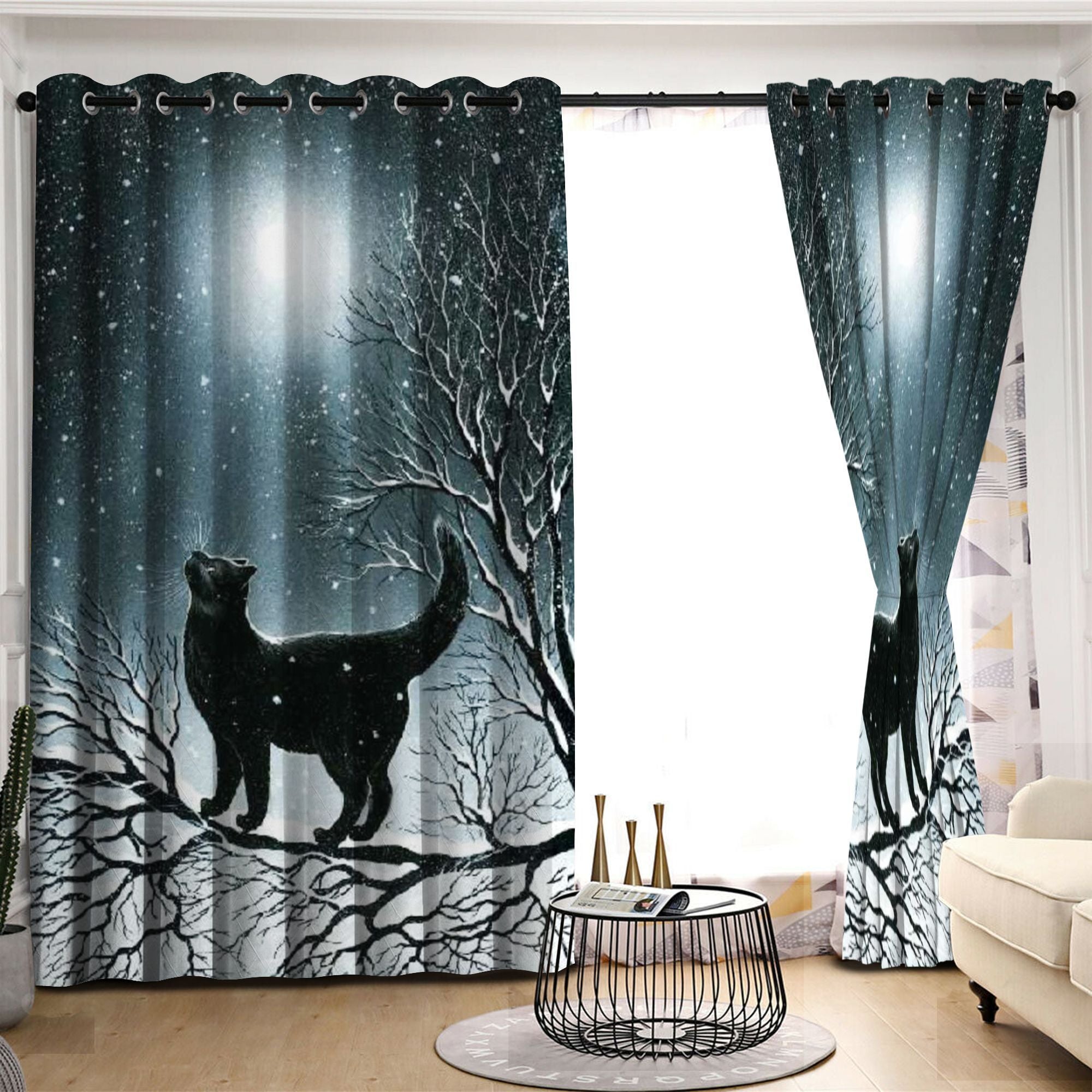 Awesome hoodied Black Cat Printed 3D Grommet Window Curtains HD62