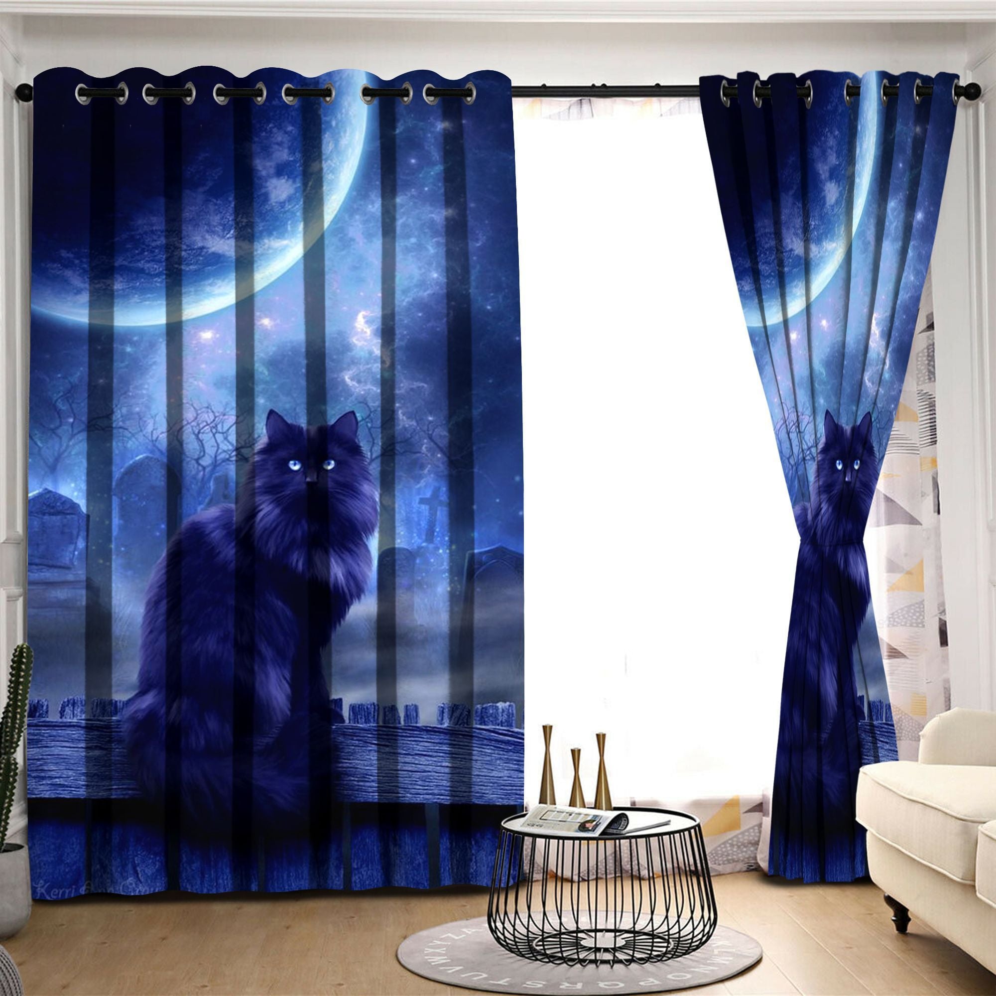 Awesome hoodied Black Cat Printed 3D Grommet Window Curtains HD67