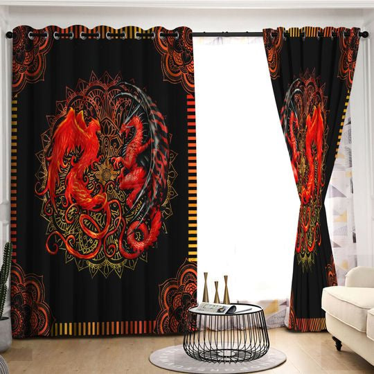 Awesome hoodied Dragon And Phoenix Printed 3D Grommet Window Curtains HD92