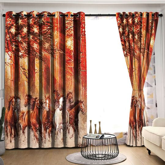 Awesome hoodied Pattern Horses Autumn All Printed 3D Grommet Window Curtains- HD26