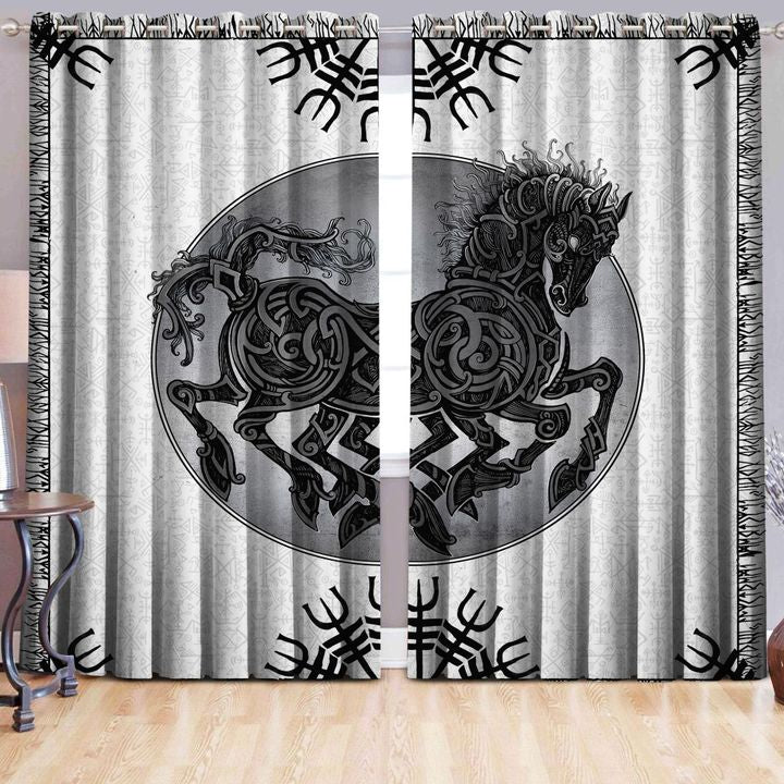 Awesome hoodied Viking Horse Printed 3D Grommet Window Curtains - HB00076