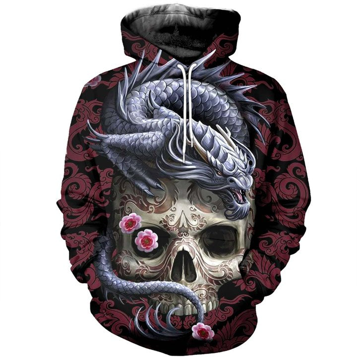 Awesome Hoodied 3D All Over Printer Dragon - Skull - Full Size  HD014