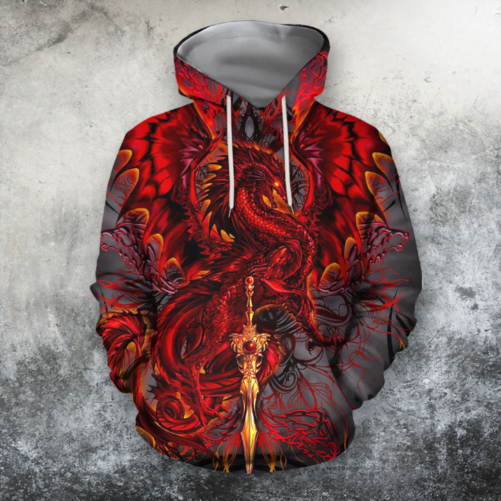 Awesome Hoodied 3D All Over Printer Dragon Art Red- Full Size  HD023