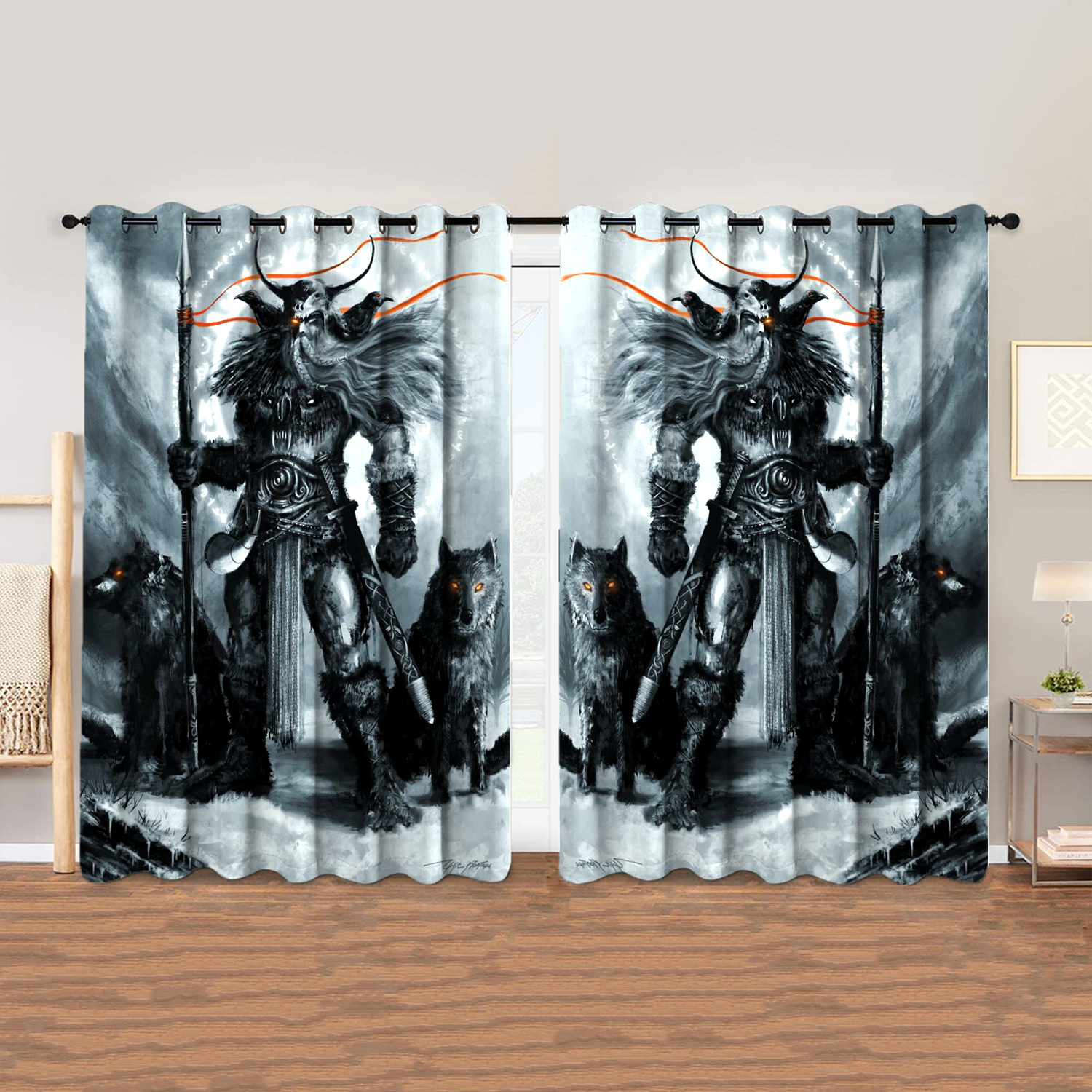 Awesome hoodied Viking Odin Printed 3D Grommet Window Curtains HD91