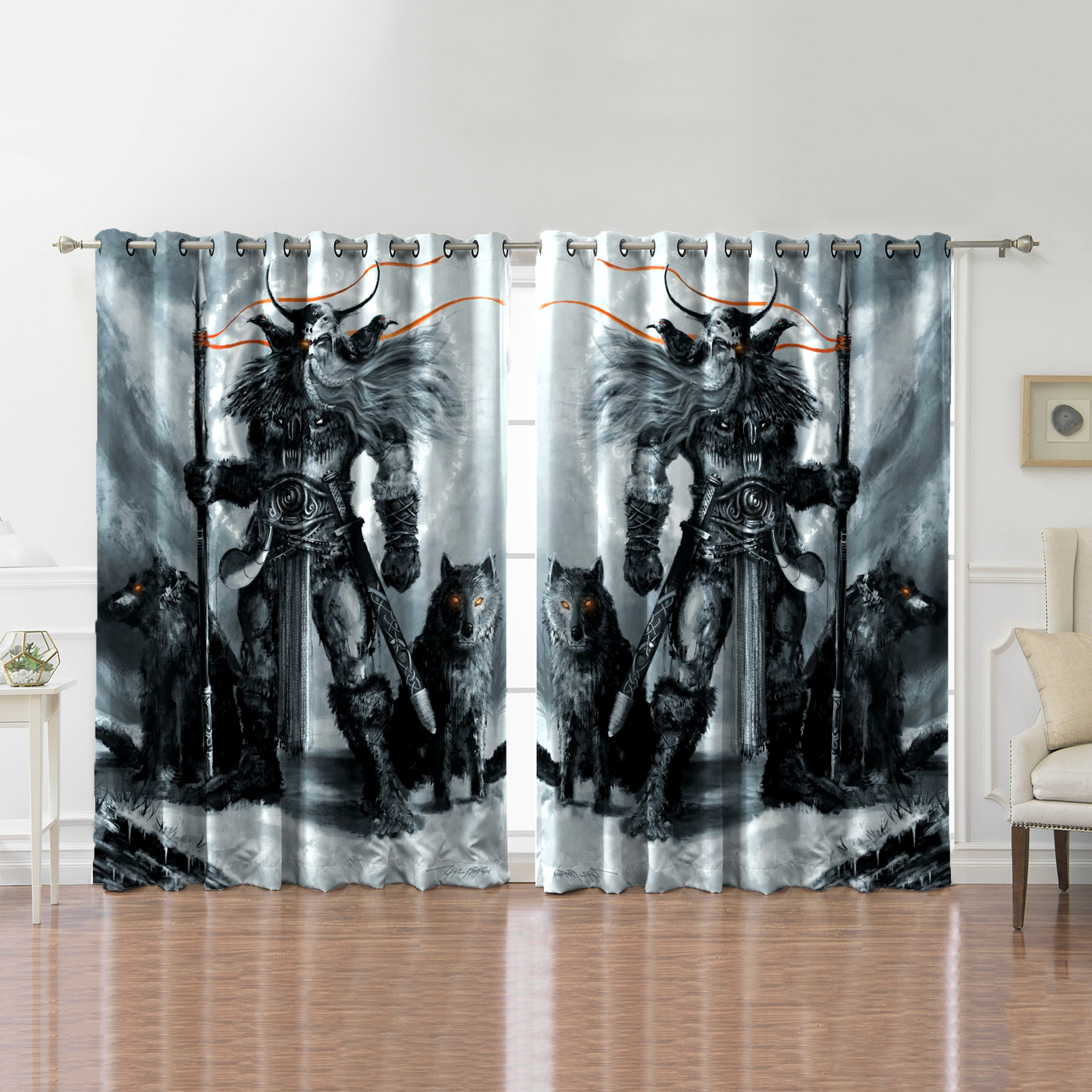 Awesome hoodied Viking Odin Printed 3D Grommet Window Curtains HD91