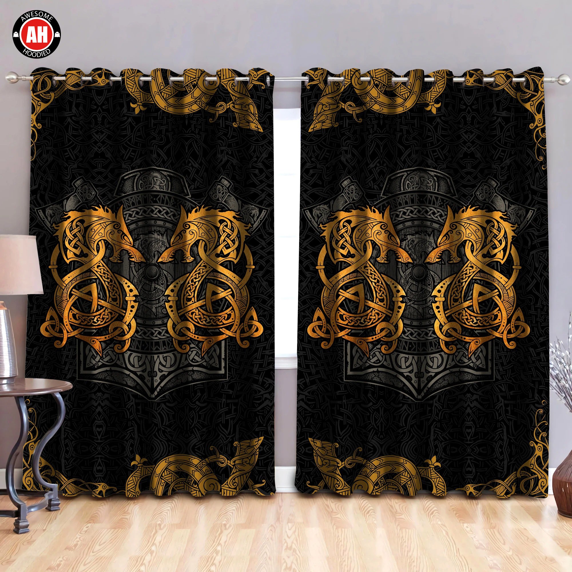 Awesome hoodie Yellow Viking Dragon Printed 3D Grommet Window Curtains ND199
