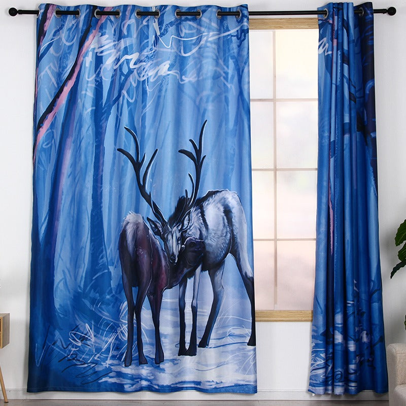 Awesome hoodies - Nordic Blue Forest Deer Floral Animal Curtains - QK3209