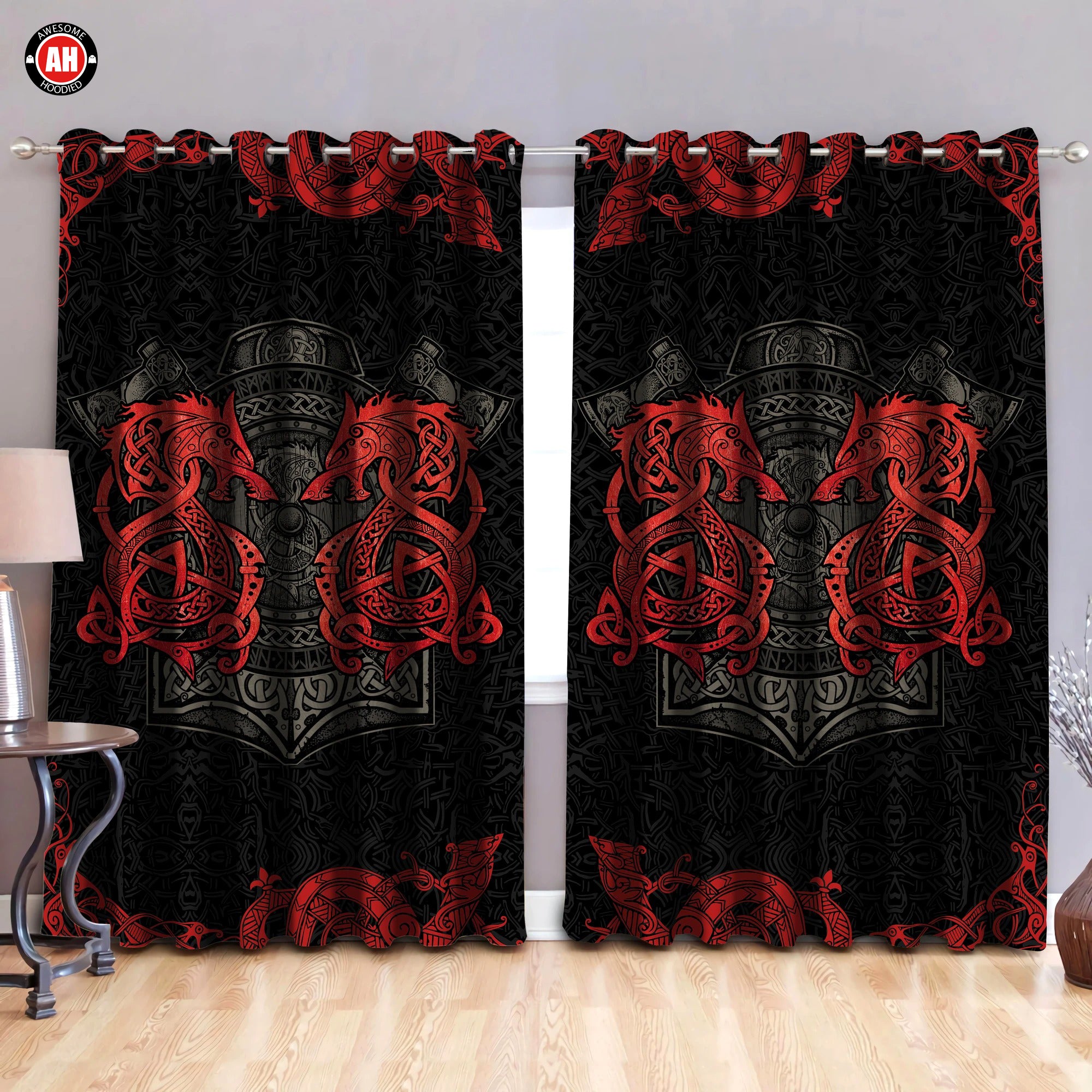 Awesome hoodie Red Viking Dragon Printed 3D Grommet Window Curtains ND224