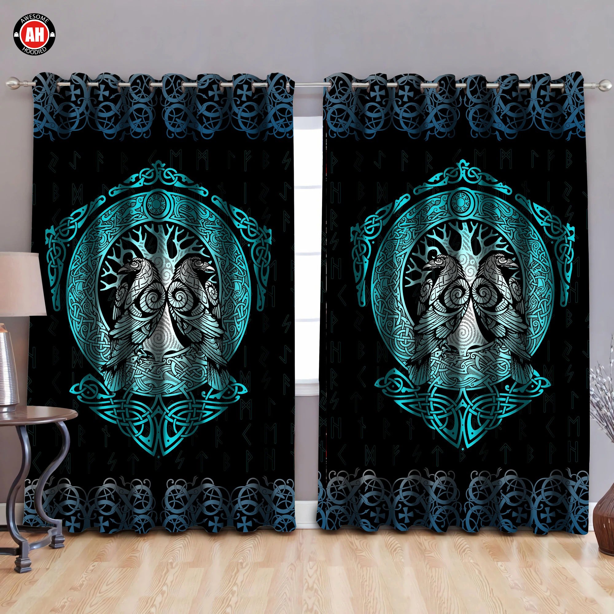 Awesome hoodie Vikings - Yggdrasil Ravens Rune Thermal Printed 3D Grommet Window Curtains ND225