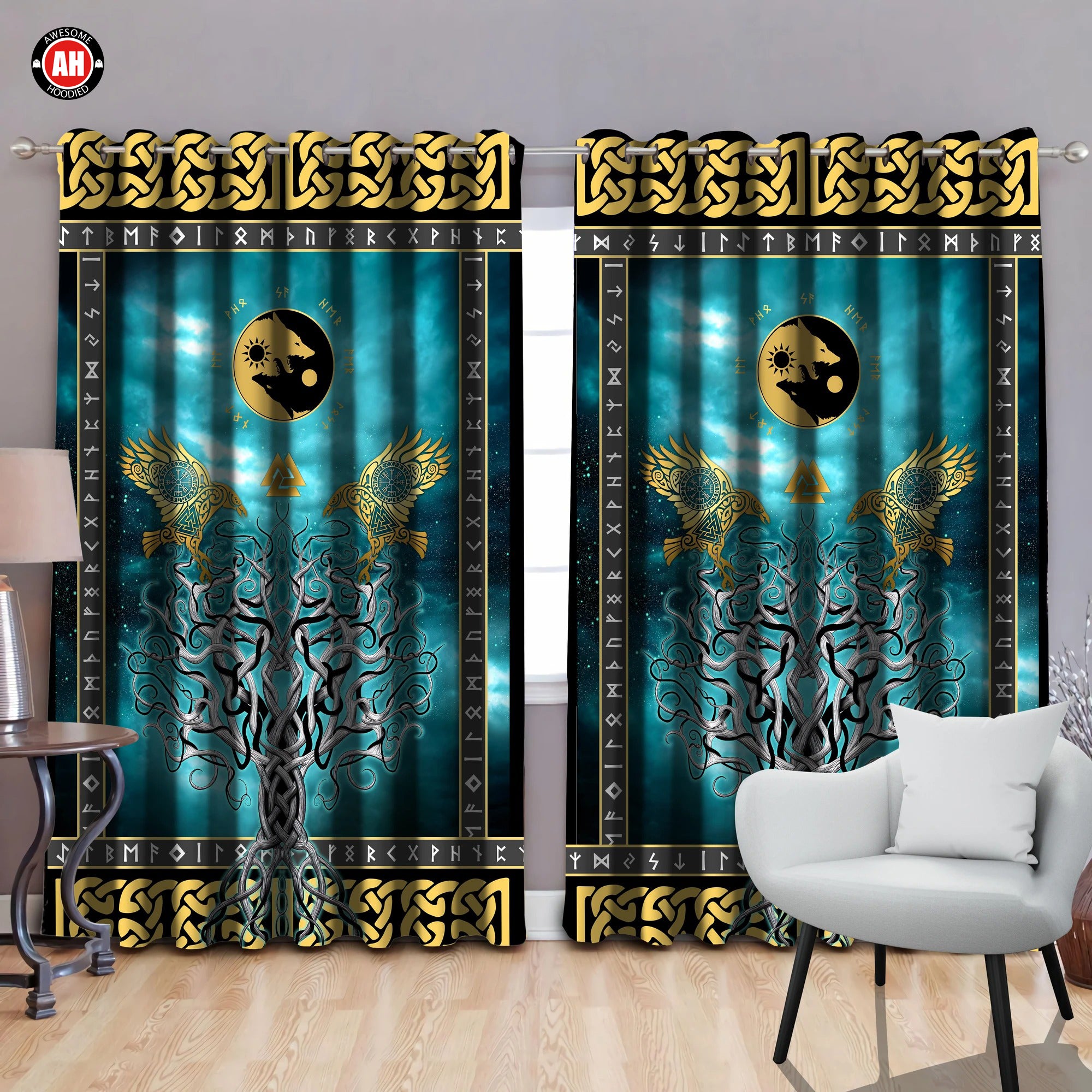 Awesome hoodie Vikings - Tree Of Life Fenrir Skoll And Hati Raven Rune Thermal Printed 3D Grommet Window Curtains ND226