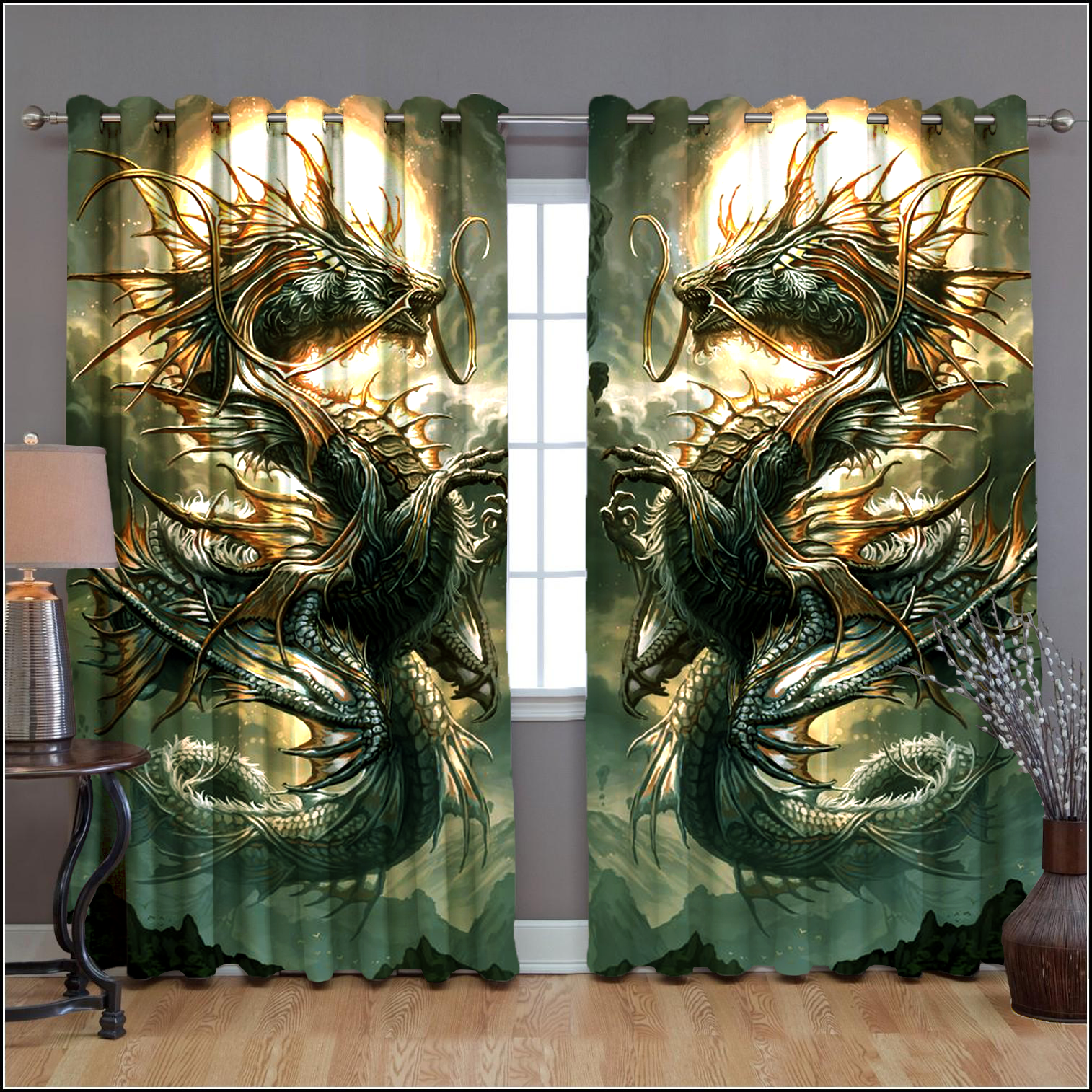 Awesome hoodied Dragon Printed 3D Grommet Window Curtains HD70