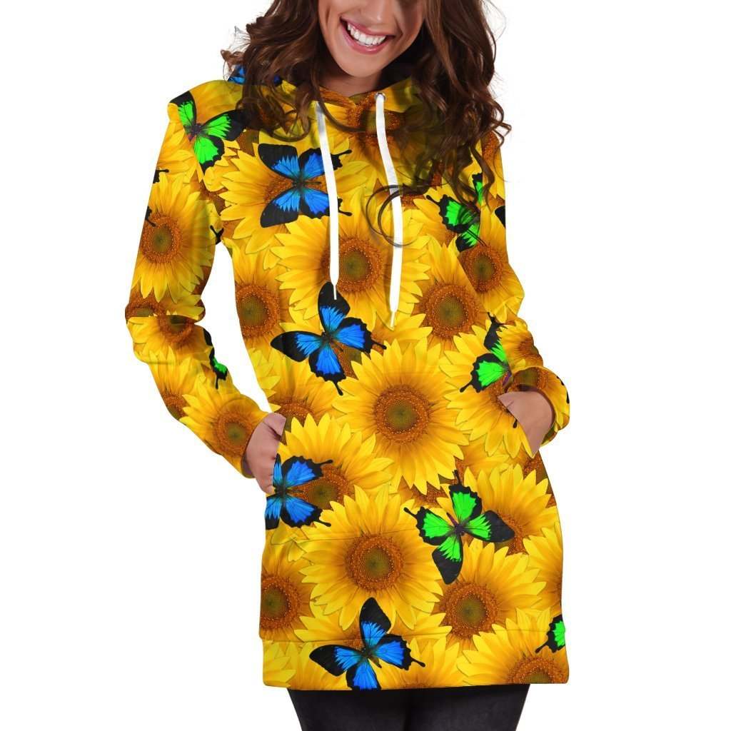 3D All Over Printing Butterfly Garden And Sunflowers Hoodie Dress