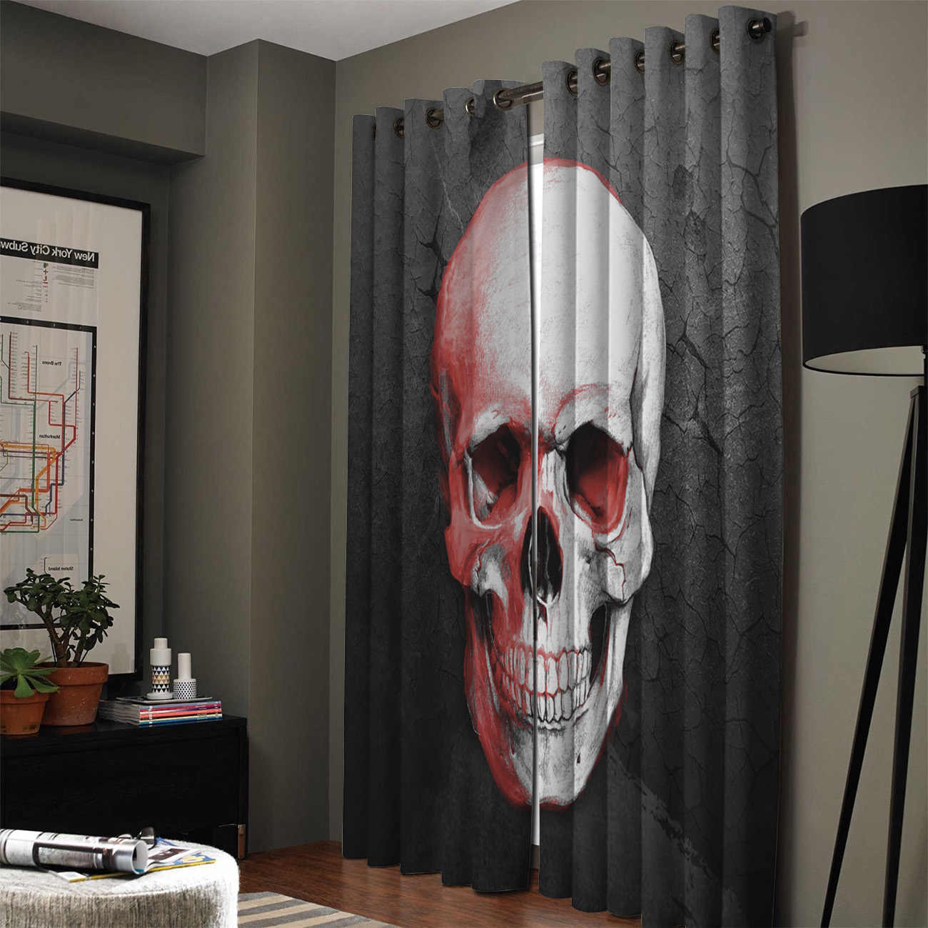 Awesome hoodied Skull Printed 3D Grommet Window Curtains - HB0004
