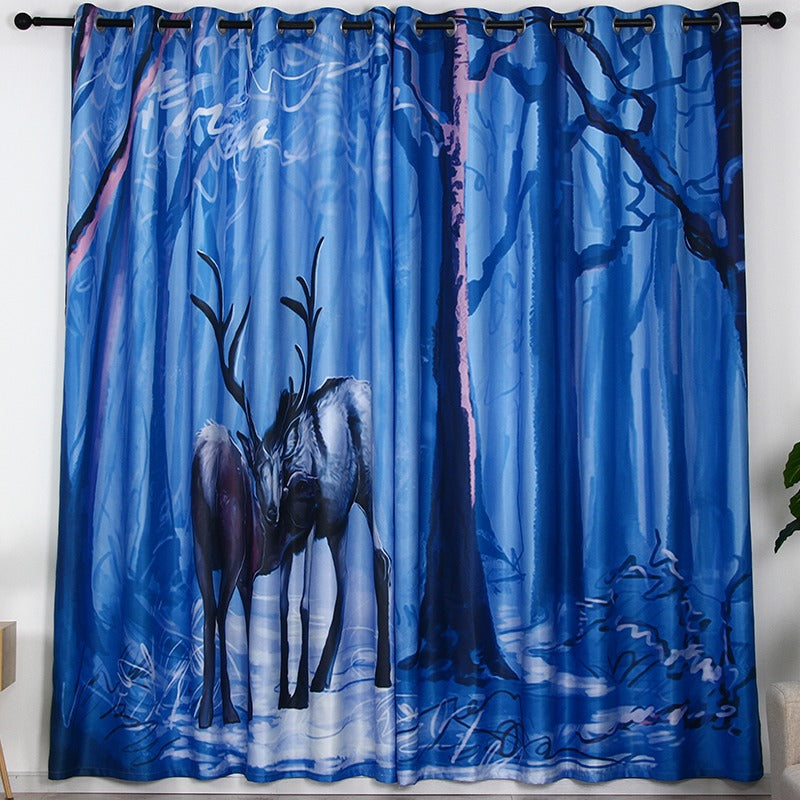 Awesome hoodies - Nordic Blue Forest Deer Floral Animal Curtains - QK3209