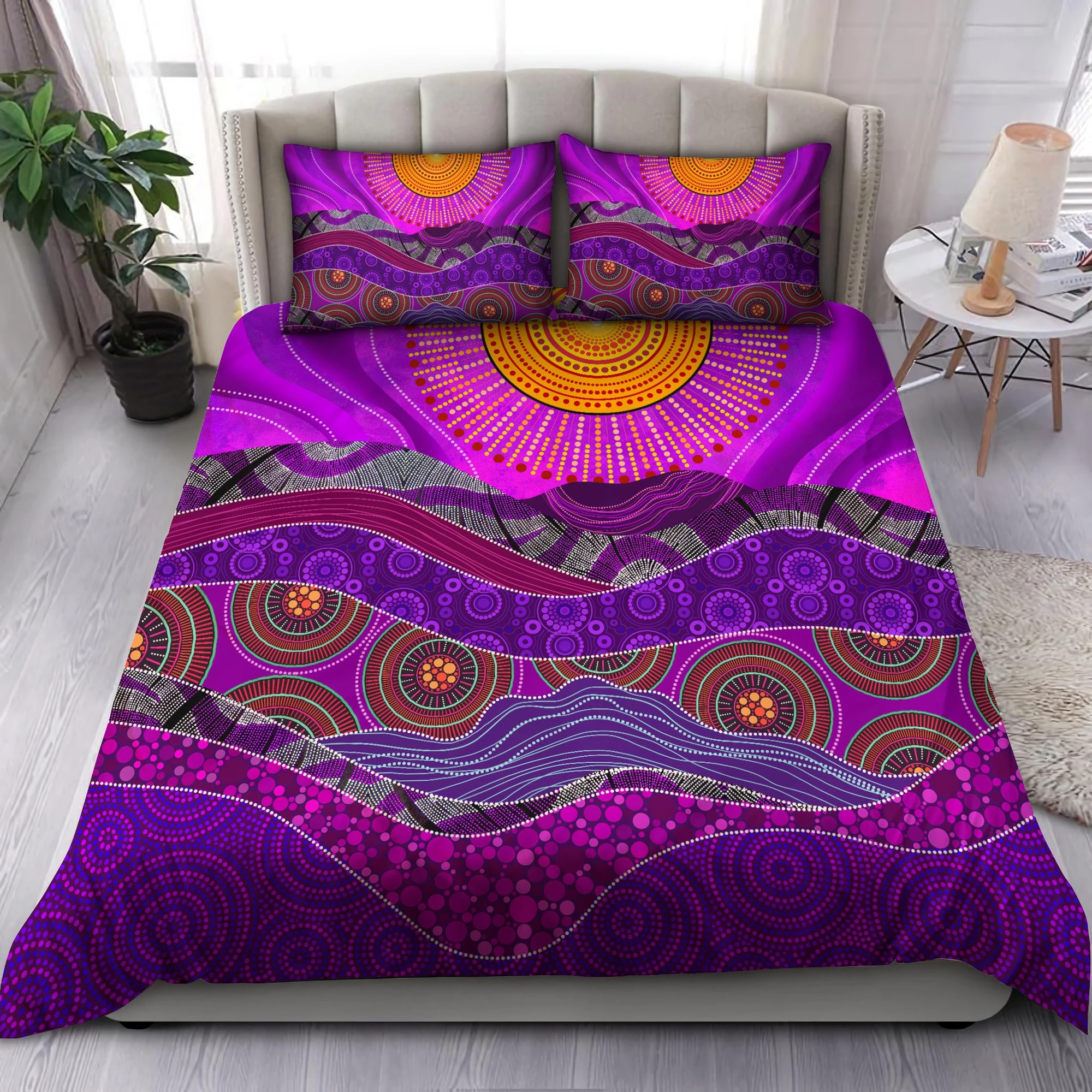 Awesome Hoodied 3D all over print Aboriginal Bedding Set, Australia Indigenous Purple The Sun Bedding Sets NQBS009