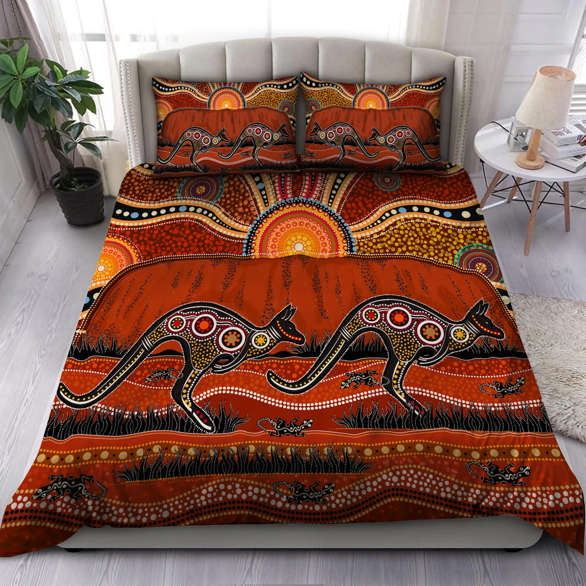 Awesome Hoodied 3D all over print Aboriginal Bedding Set, Australia Kangaroo running Lizard Art Bedding Sets NQBS0012