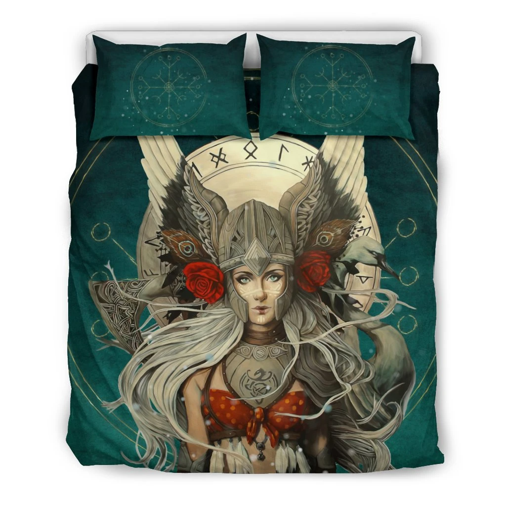 Awesome Hoodied 3D all over print Viking Bedding Set, Valkyrie Helm Of Awe Rune Circle Bedding Sets NQBS0015