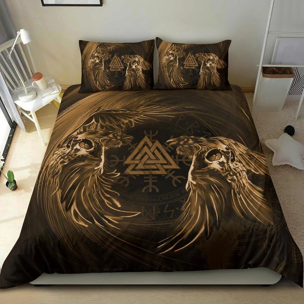 Awesome Hoodied 3D all over print Viking Bedding Set, Odin's Raven Skull Valknut Helm Bedding Sets NQBS0016