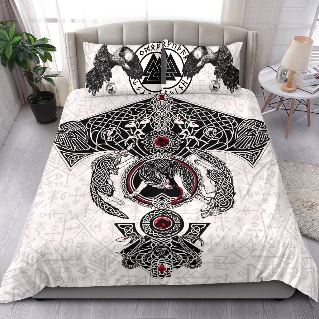 Awesome Hoodied Fenrir Skoll And Hati Valknut Raven, Viking Quilt Bedding Set White DC056