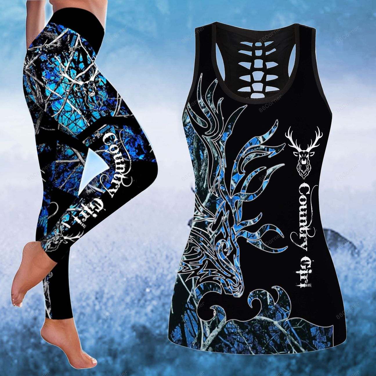 Awesome Hoodie 3D All Over Print BLUE COUNTRY GIRL ON BLACK Combo Tank + Legging NQLG002