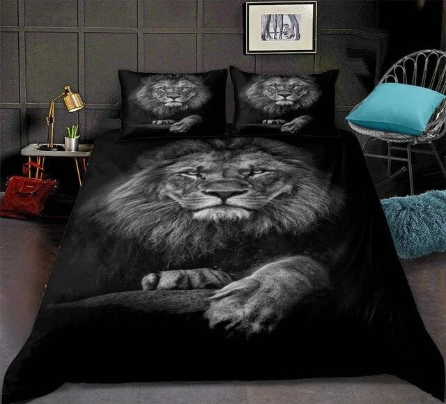 Awesome Hoodies - Black Lion Pattern Lifelike Print - Bedding Set QK3144