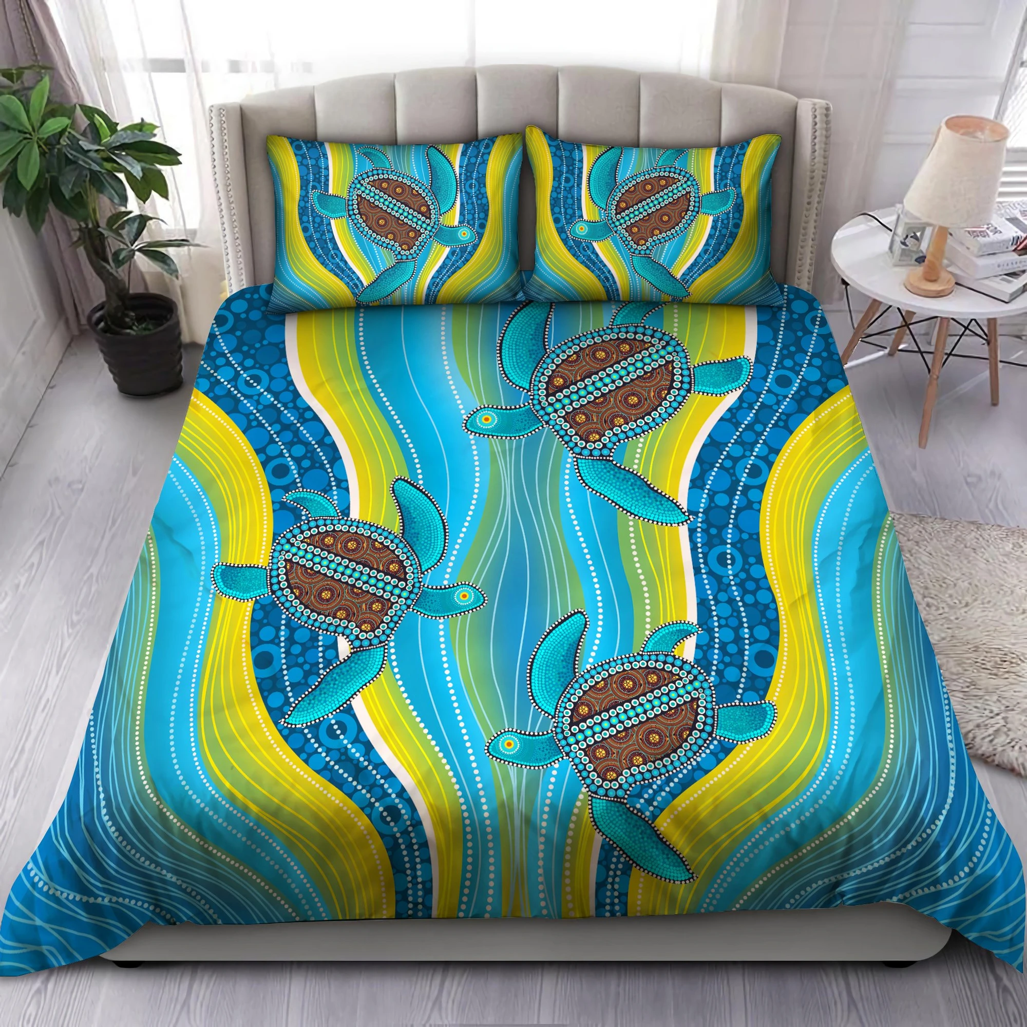 Awesome Hoodied 3D all over print Blue Turtles Painting Art Bedding Sets NQBS0010