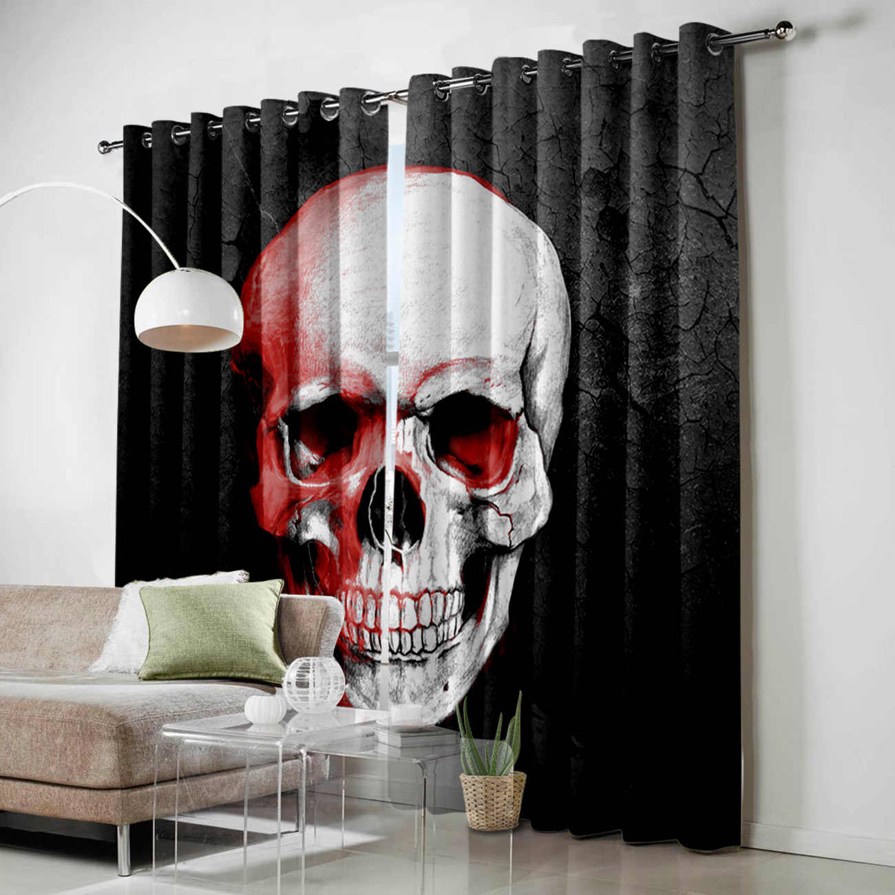 Awesome hoodied Skull Printed 3D Grommet Window Curtains - HB0004