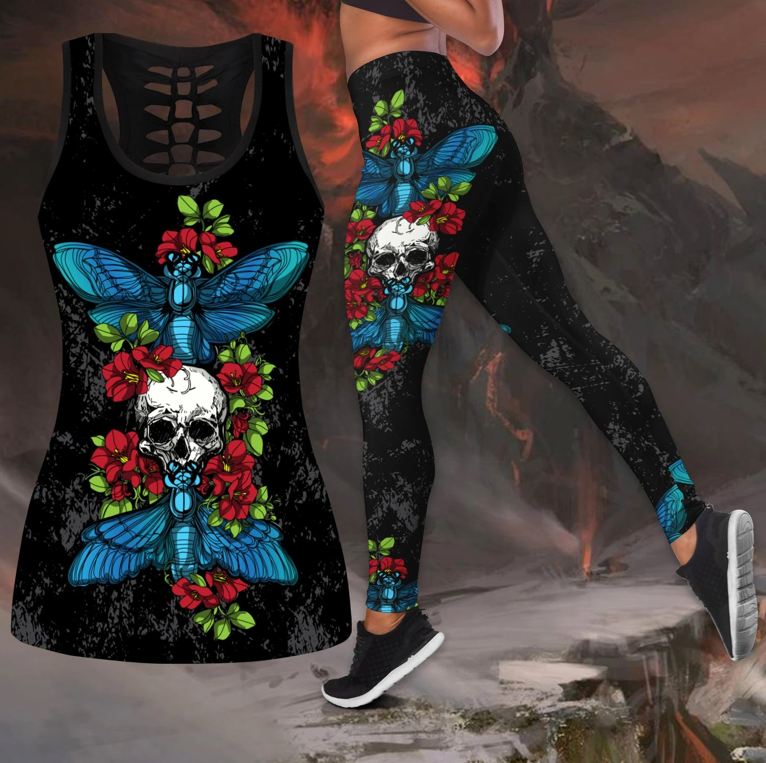 Awesome Hoodie 3D All Over Print Butterfly Love Skull and Tattoos Combo Tank + Legging NQLG008