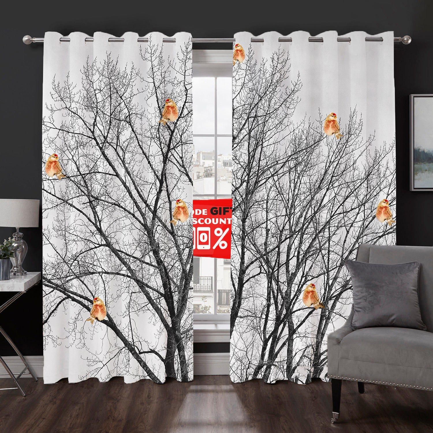Awesome hoodied Birds And Tree Printed 3D Grommet Window Curtains - HB00033