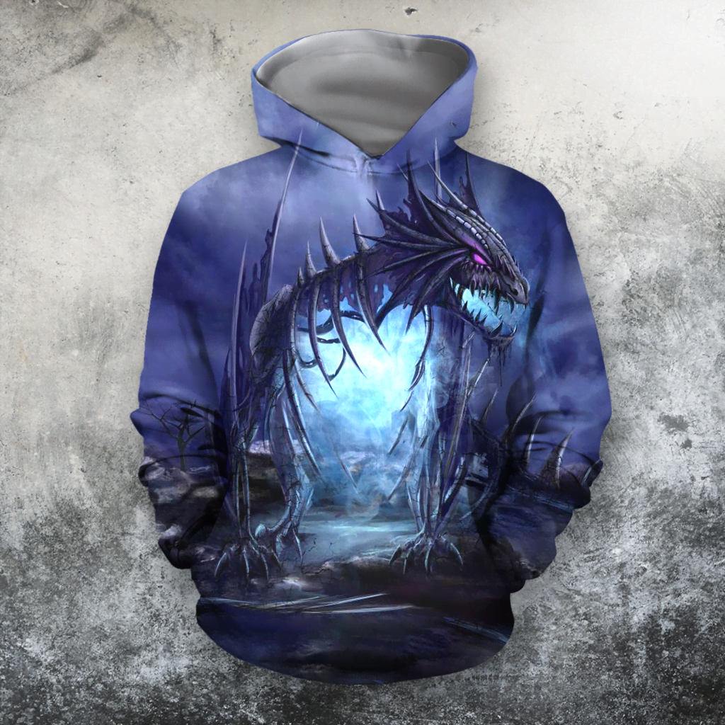 Awesome Hoodied 3D All Over Printer Dragon  Skull Blue - Full Size  HD034
