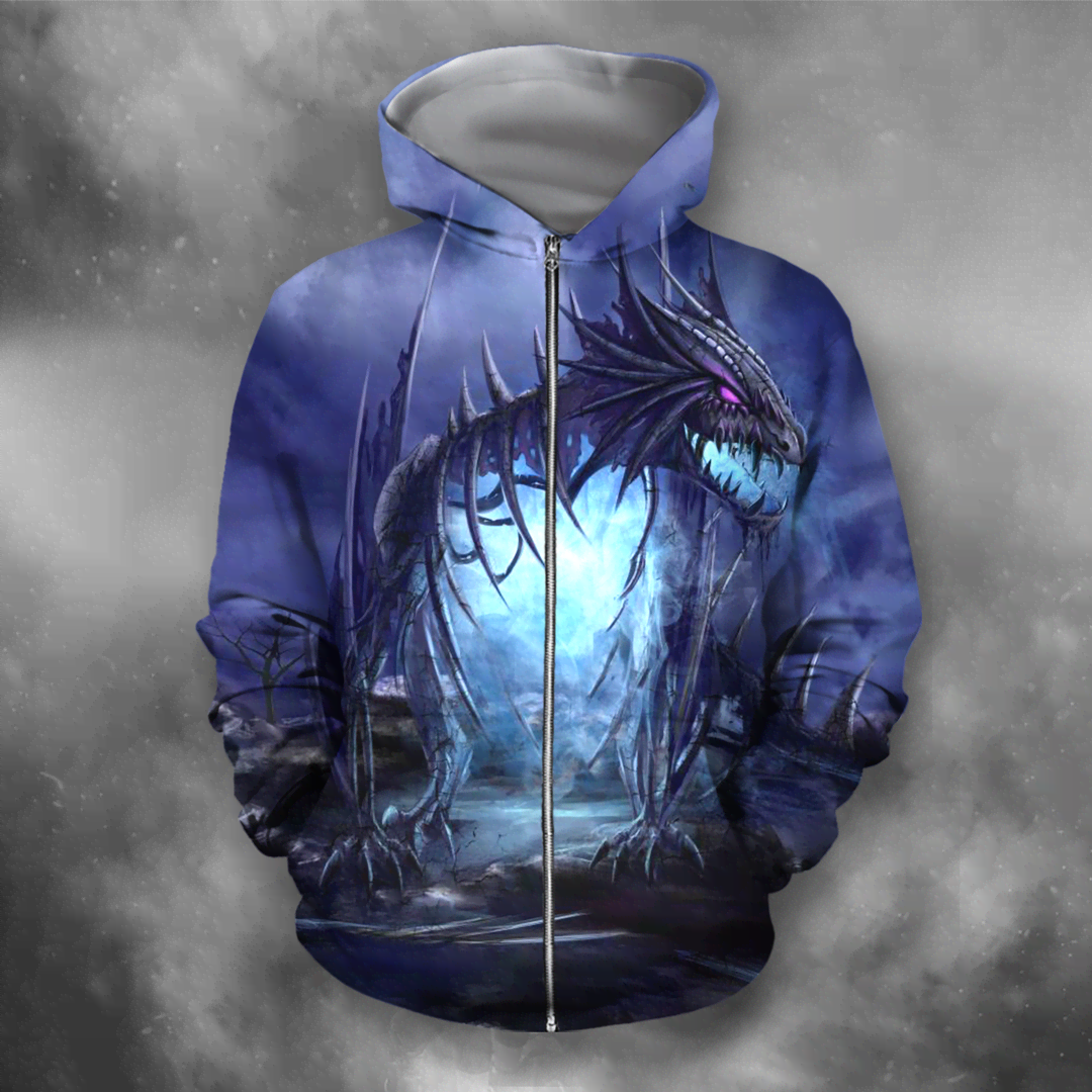 Awesome Hoodied 3D All Over Printer Dragon  Skull Blue - Full Size  HD034