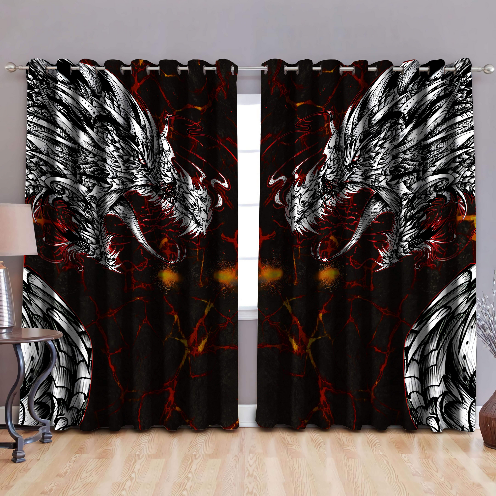 Awesome hoodied Dragon Lava Art Printed 3D Grommet Window Curtains NQC0024
