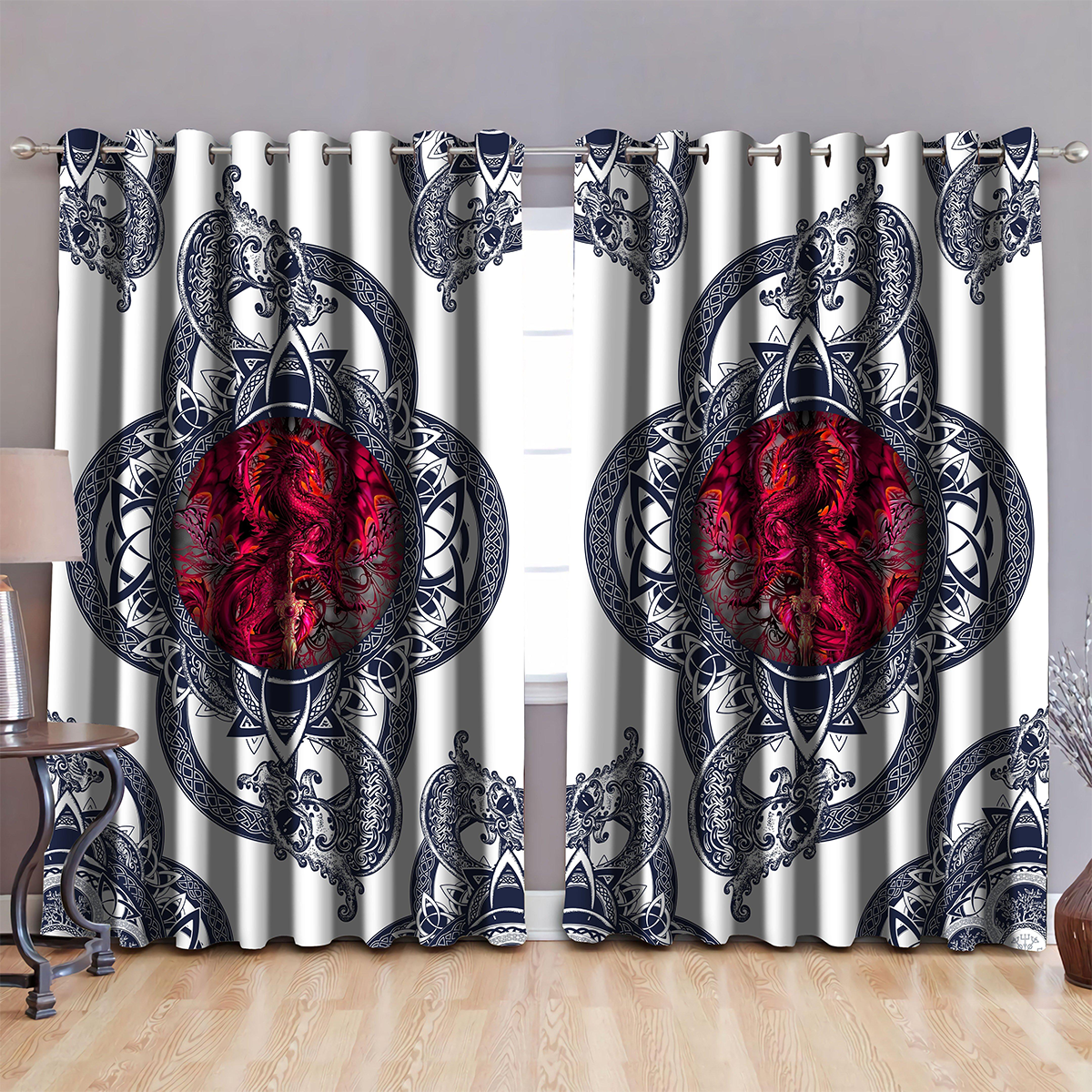 Awesome hoodied Dragon and Celtic Art Printed 3D Grommet Window Curtains NQC0025