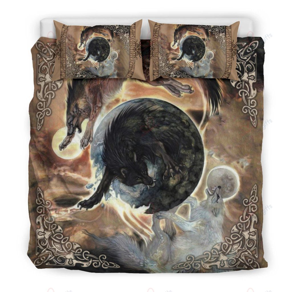 Awesome Hoodied 3D all over print Viking Bedding Set, Fenrir Skoll And Hati Bedding Sets NQBS0021