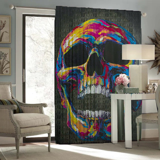 Awesome hoodied Colorful Skull Printed 3D Grommet Window Curtains - HB00013
