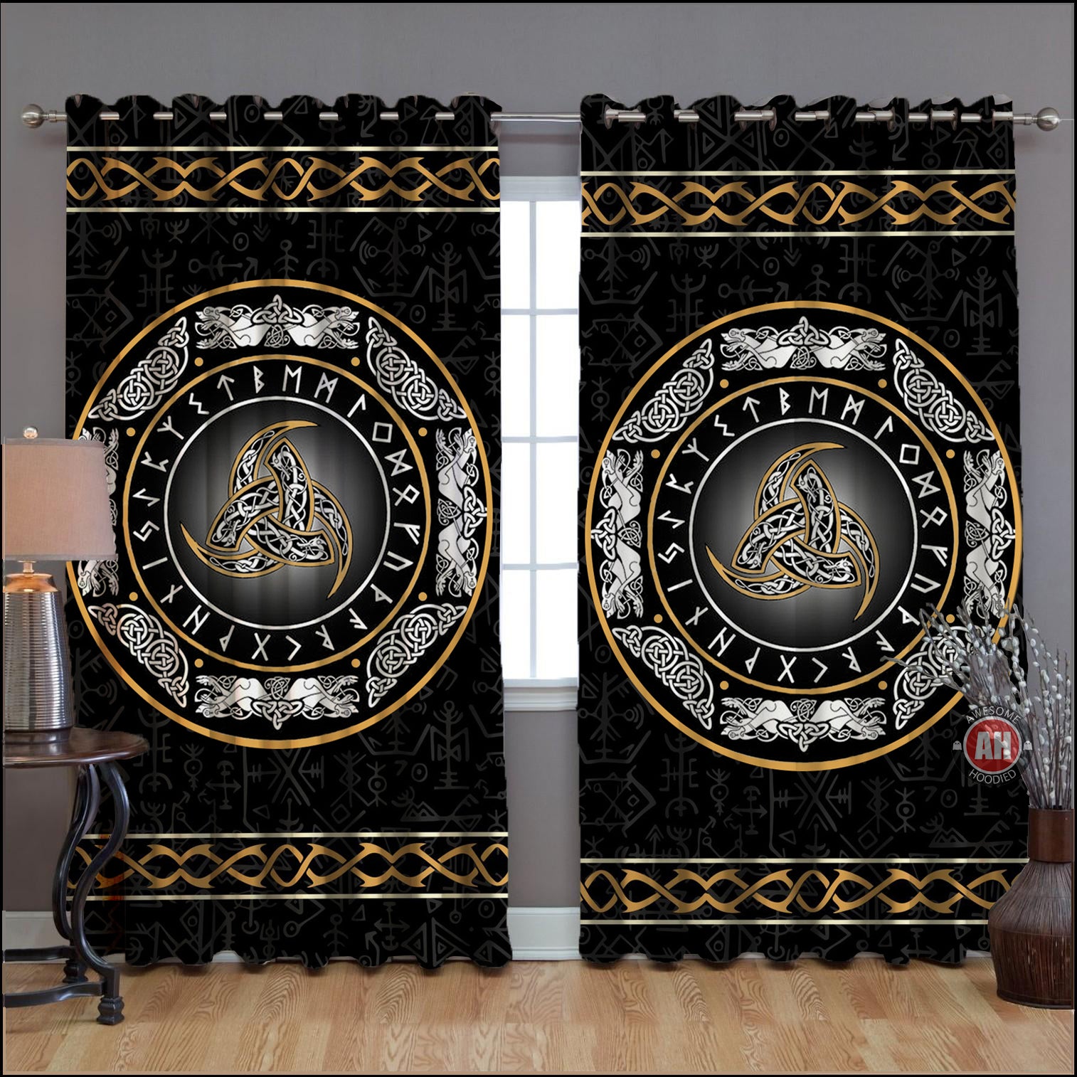 Awesome hoodied Pattern Viking Pattern Printed 3D Grommet Window Curtains - HB00099