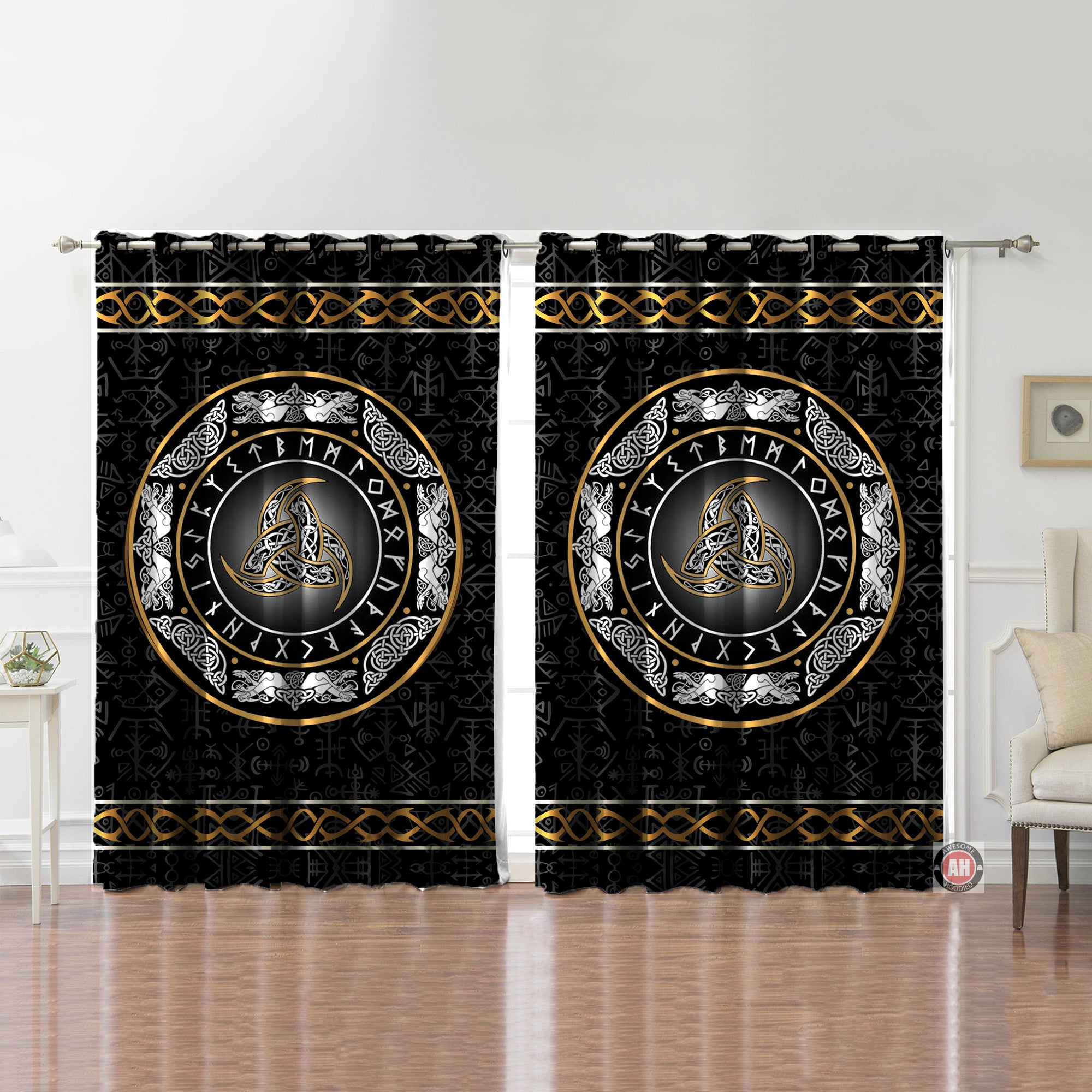Awesome hoodied Pattern Viking Pattern Printed 3D Grommet Window Curtains - HB00099