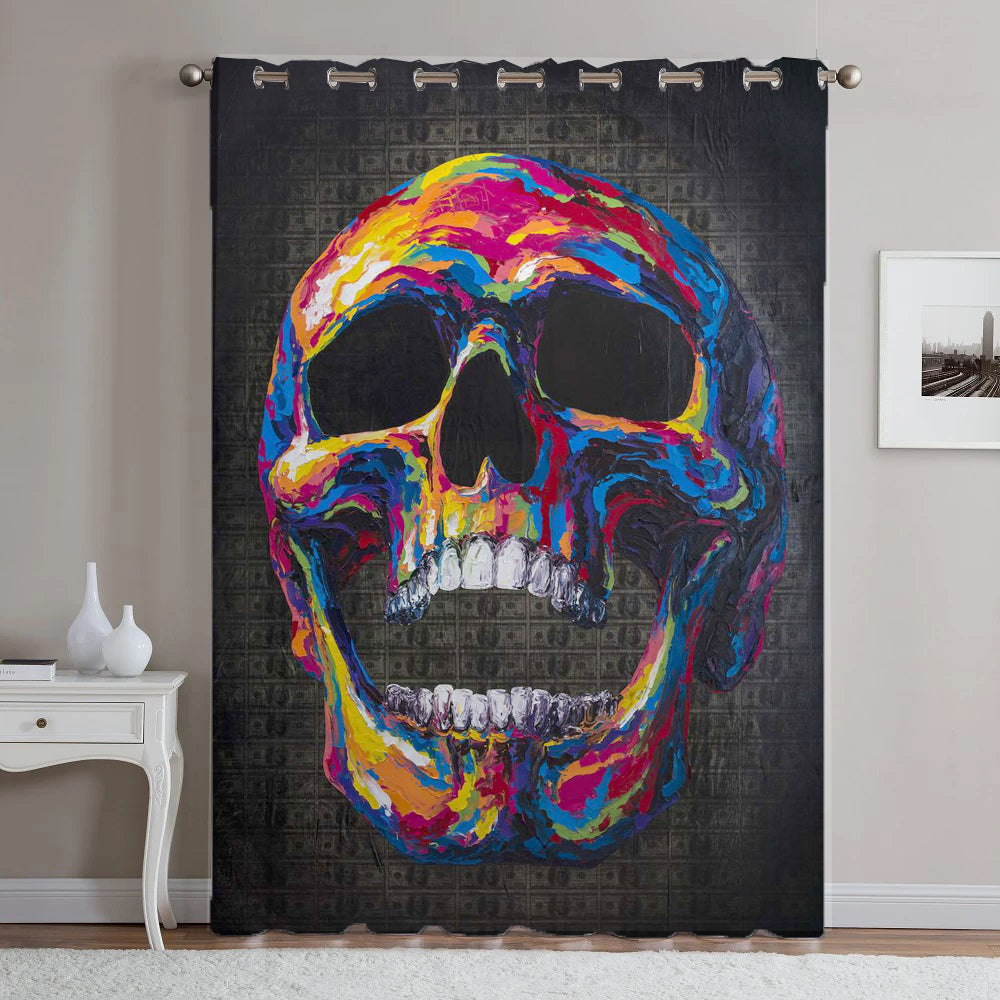 Awesome hoodied Colorful Skull Printed 3D Grommet Window Curtains - HB00013