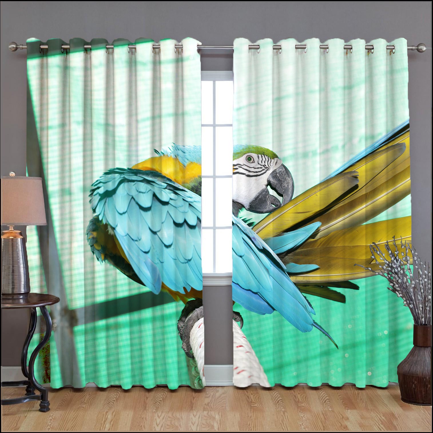 Awesome hoodied Blue Parrots Printed 3D Grommet Window Curtains - HB00055