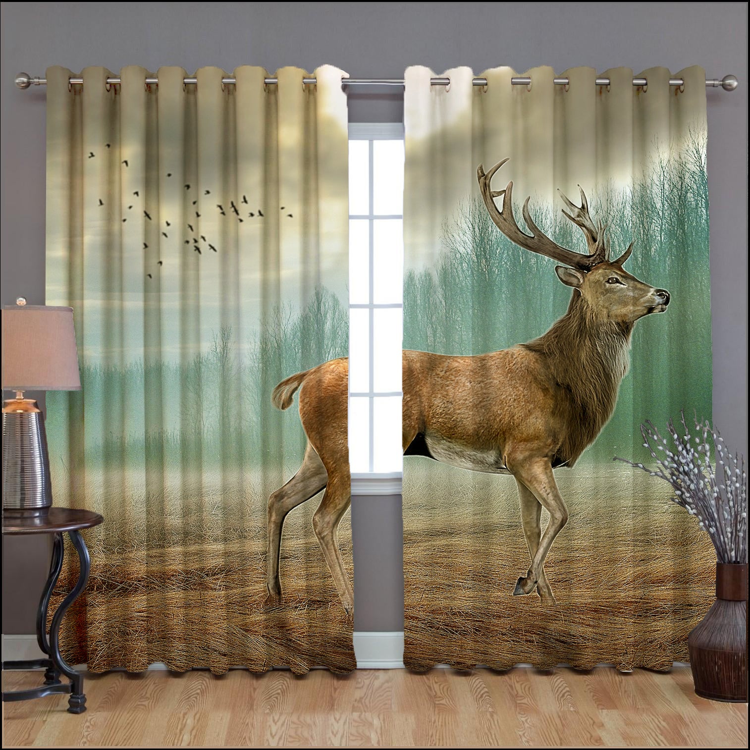 Awesome hoodied Deer Printed 3D Grommet Window Curtains - HB00056