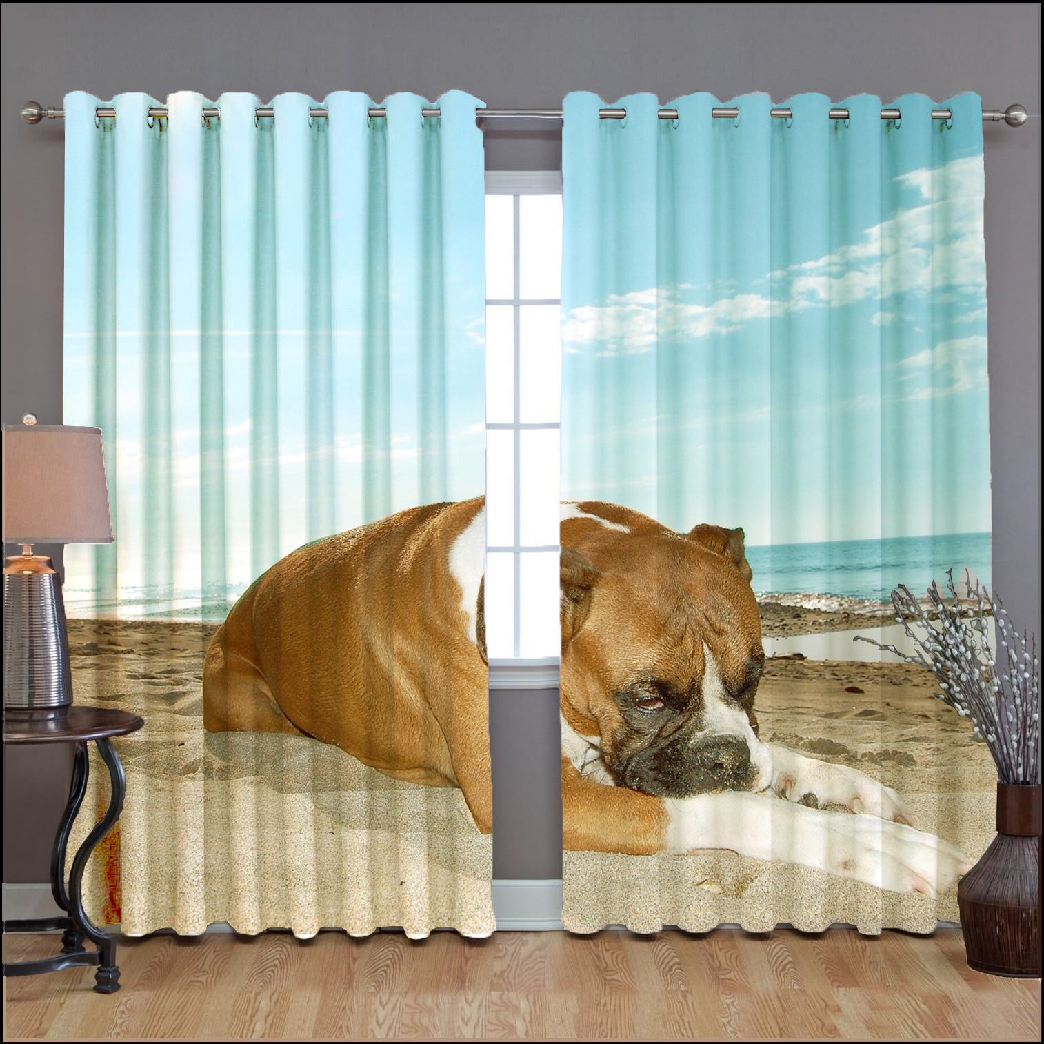 Awesome hoodied Boxer Dogs Printed 3D Grommet Window Curtains - HB00032
