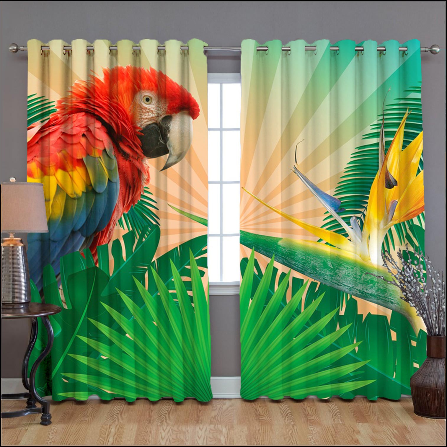 Awesome hoodied Parrots Printed 3D Grommet Window Curtains - HB00075