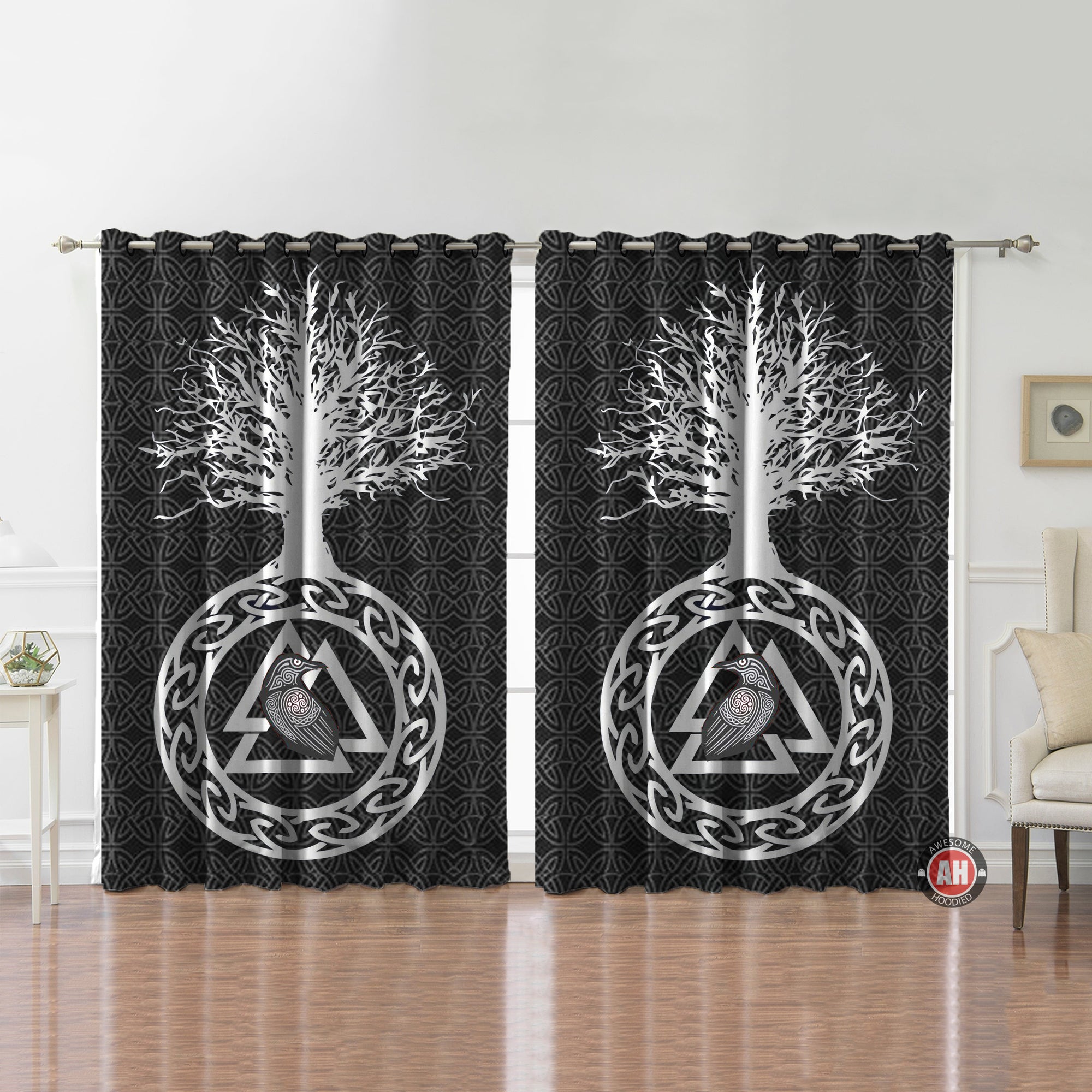 Awesome hoodied Pattern Viking Pattern Printed 3D Grommet Window Curtains - HB0100