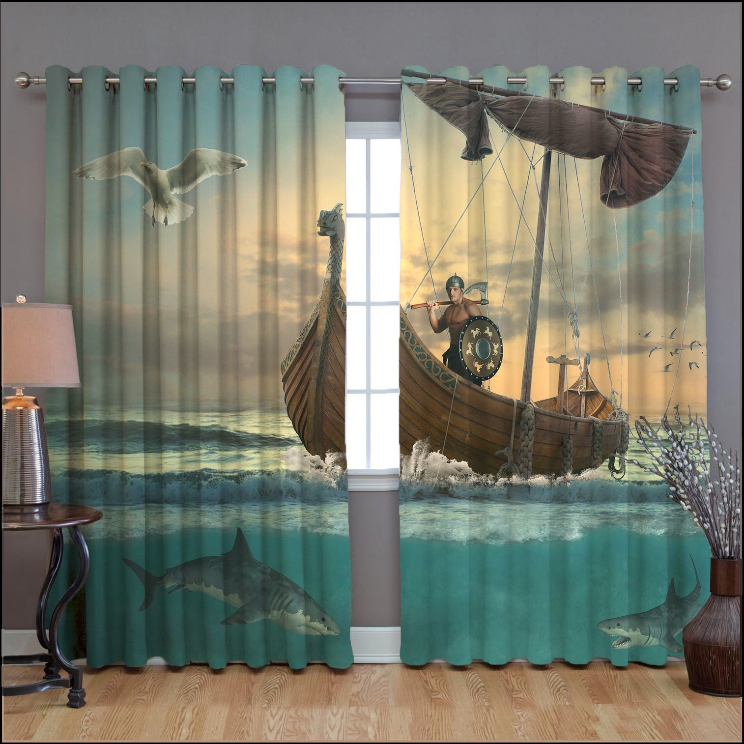 Awesome hoodied Viking Warrior Printed 3D Grommet Window Curtains - HB00063