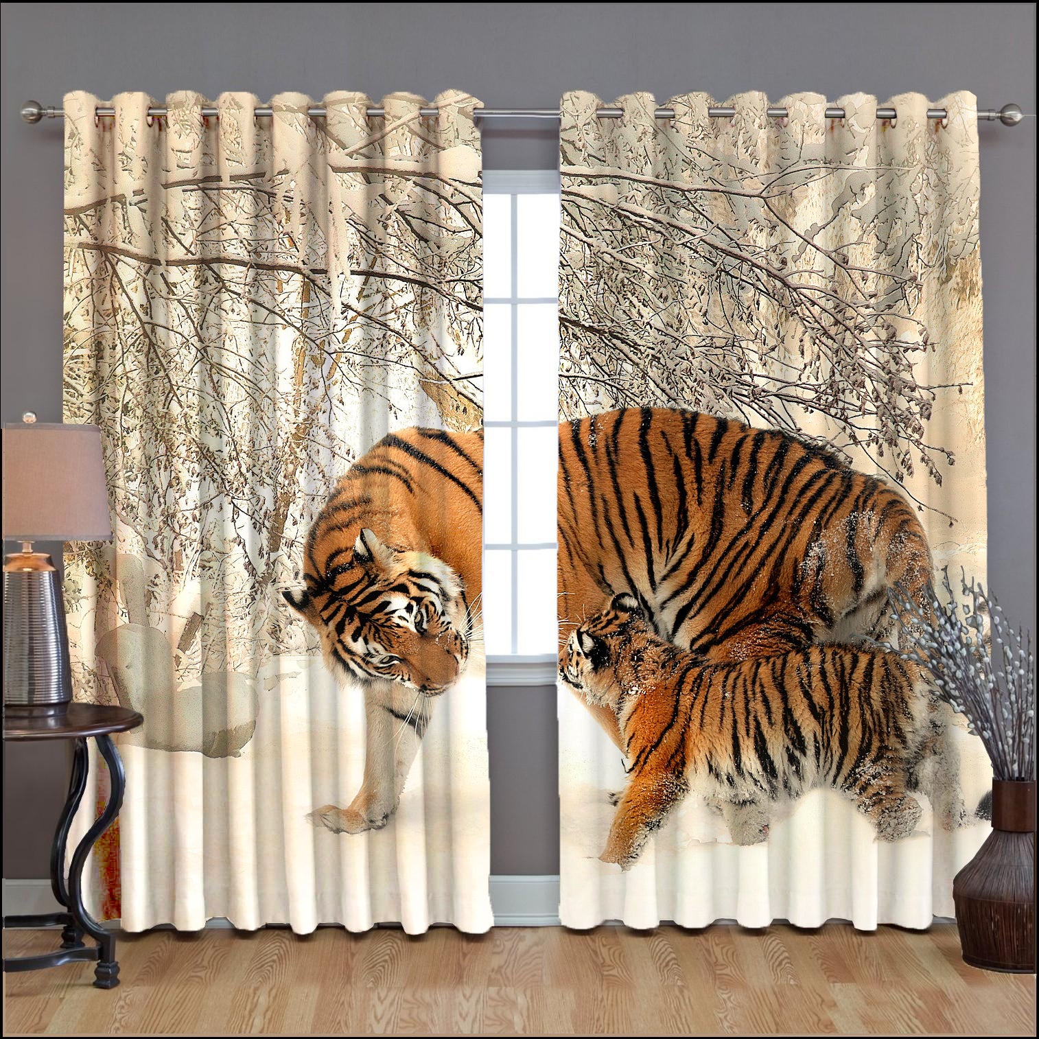 Awesome hoodied Tiger Printed 3D Grommet Window Curtains - HB00052