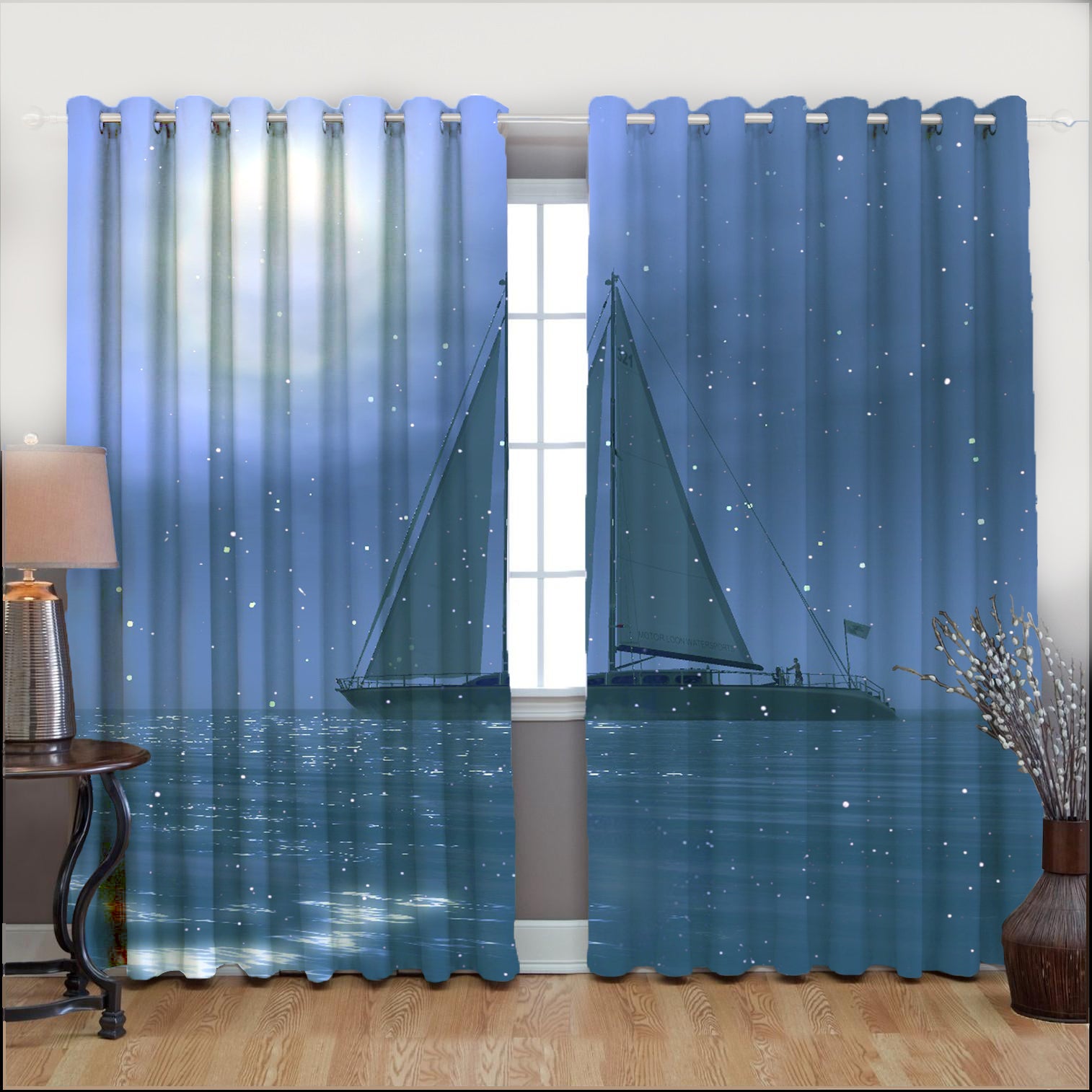 Awesome hoodied Boat and Stars Printed 3D Grommet Window Curtains - HB00049