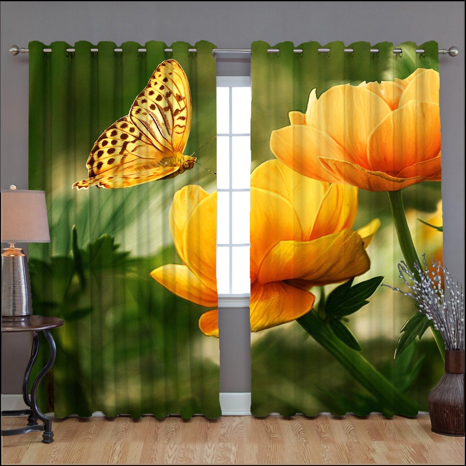 Awesome hoodied Butterflower Printed 3D Grommet Window Curtains - HB00051