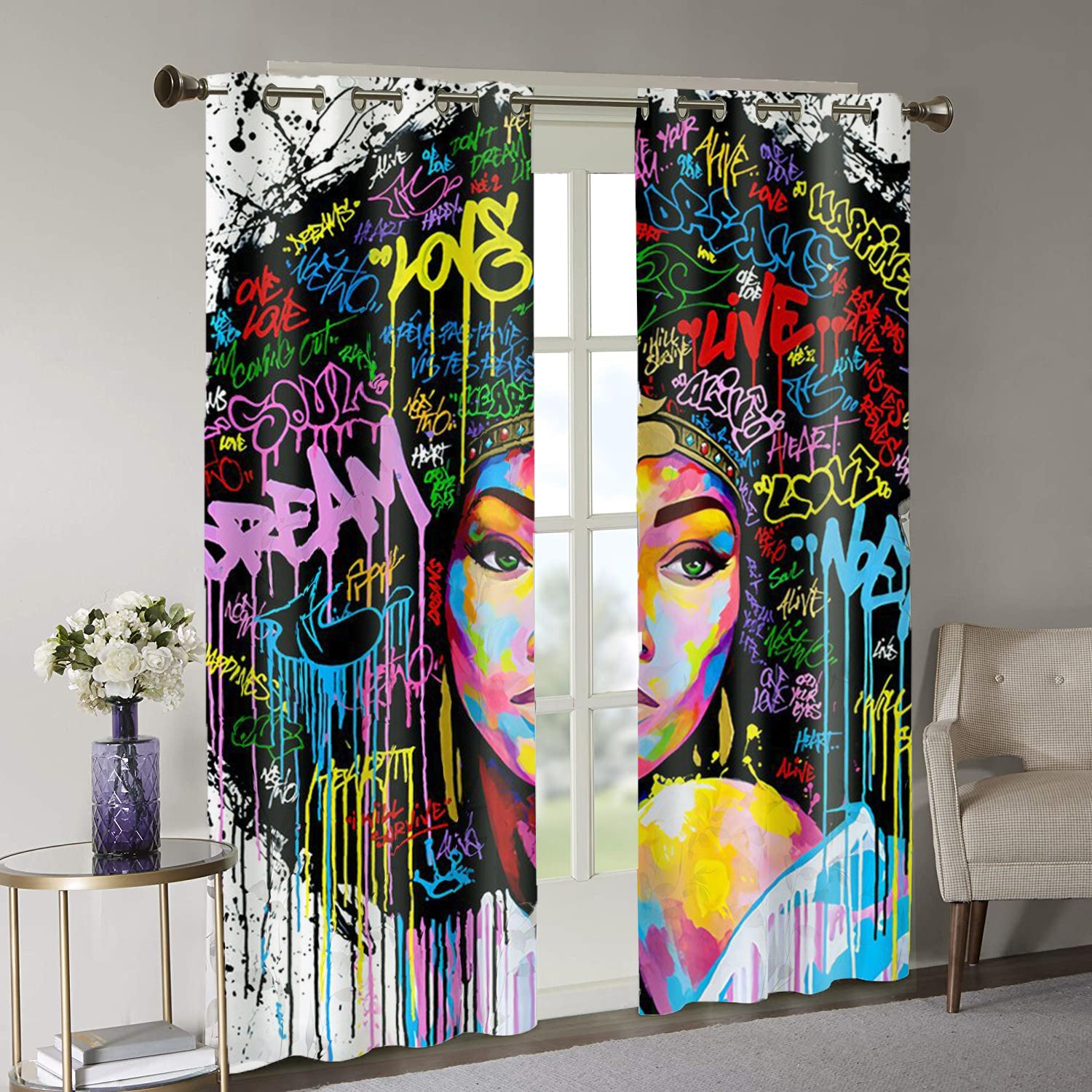 Awesome hoodied Colorful Hairstyles Printed 3D Grommet Window Curtains - HB0008