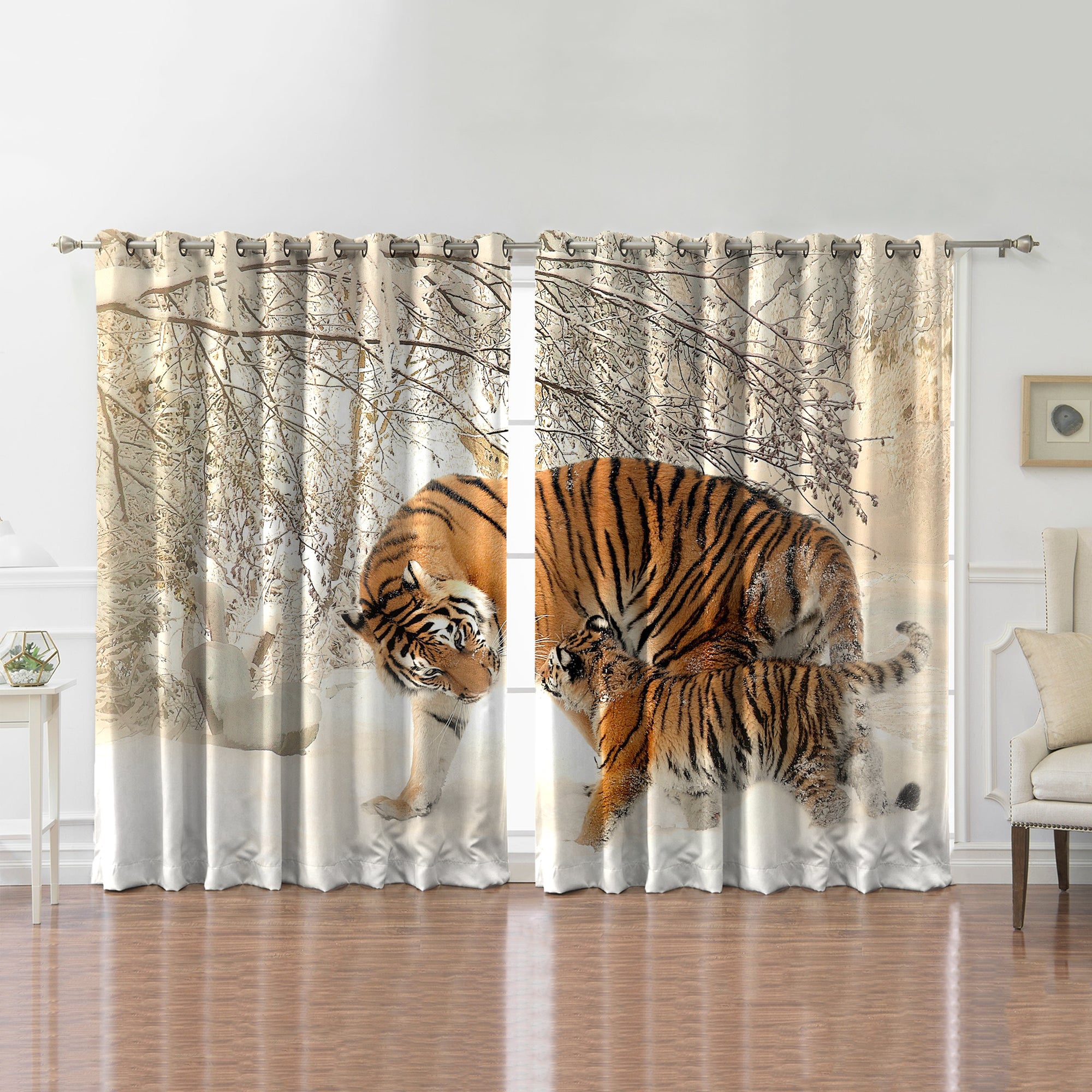 Awesome hoodied Tiger Printed 3D Grommet Window Curtains - HB00052