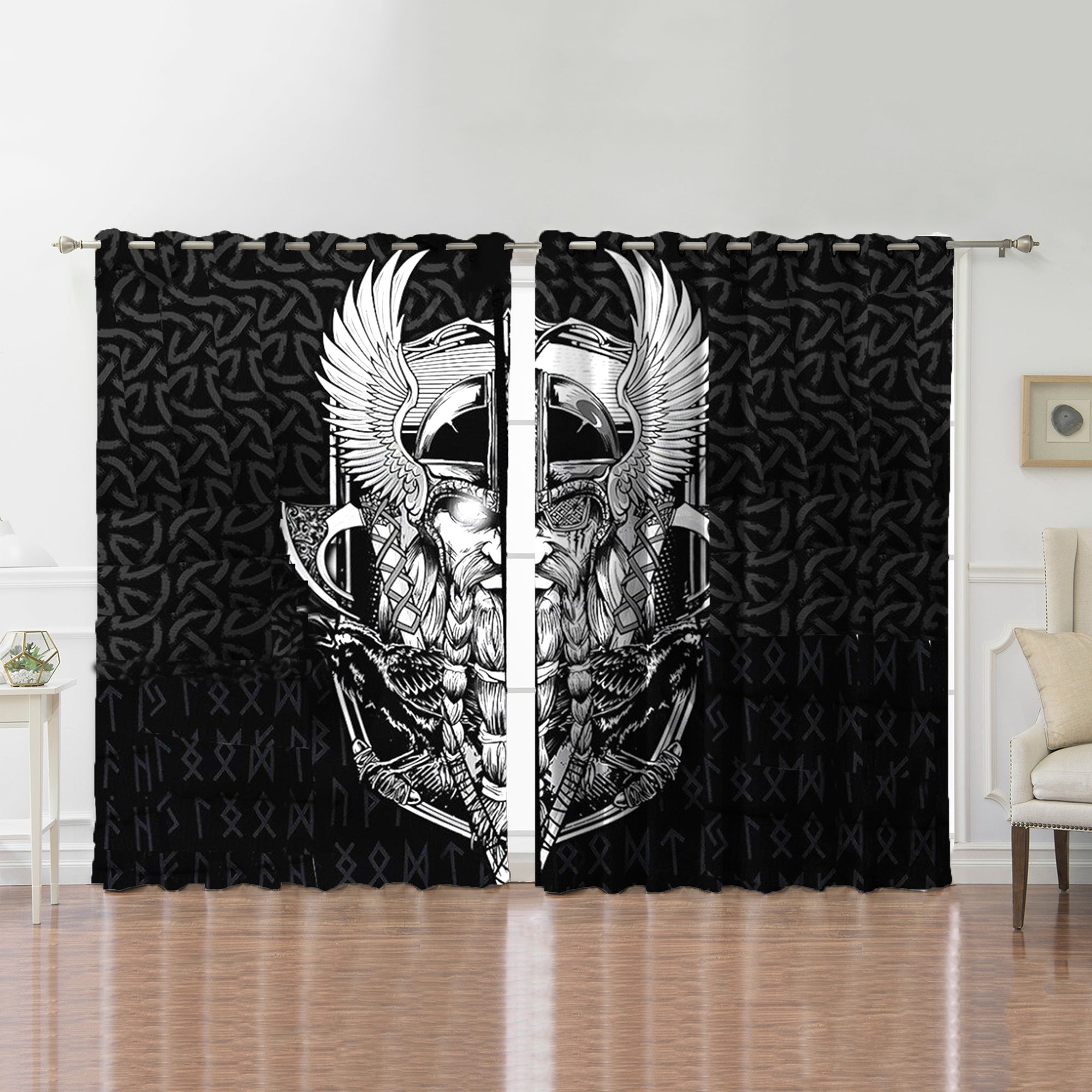 Awesome hoodied Viking Warrior Printed 3D Grommet Window Curtains - HB00062